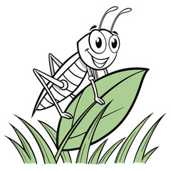 Cheerful cartoon grasshopper perched on a leaf isolated on white background