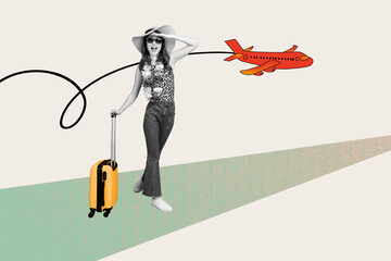 Trend sketch design photo collage of young woman stand smile summer outfit luggage flight...