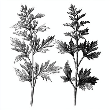 Incisione botanica in bianco e nero di due rami d&rsquo;erba officinale, isolata su bianco. Grafica vintage scontornabile per etichette erboristiche, poster, manuali e progetti editoriali.