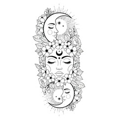 Mystical Goddess with Crescent Moons Sun and Floral Wreath Line Art.