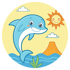 Cheerful cartoon dolphin illustration isolated on white background