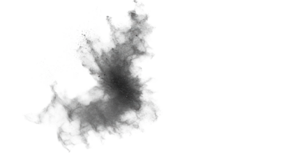 Dynamic, intricate cloud of fine grey particles captured in high-speed motion, dispersing against a transparent studio background with copy space, concept of abstract data dissemination