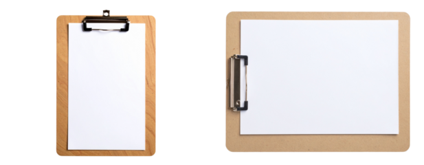 Blank Clipboard with White Paper on Light Wood Board, isolated on transparent background PNG