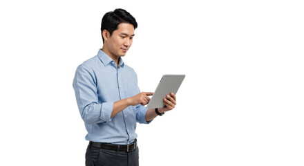 A young Asian professional in smart-casual attire, holding a tablet with intense focus, standing against a transparent studio background, concept of modern digital work