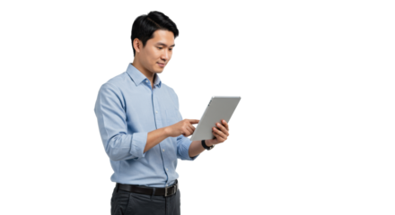 A young Asian professional in smart-casual attire, holding a tablet with intense focus, standing against a transparent studio background, concept of modern digital work