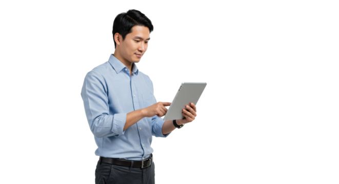 A young Asian professional in smart-casual attire, holding a tablet with intense focus, standing against a transparent studio background, concept of modern digital work - Powered by Adobe