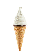 A swirled creamy white vanilla soft-serve ice cream cone with dark chocolate rim in a crispy waffle cone, isolated on bright white, studio lighting, no shadows. Concept of summer delight