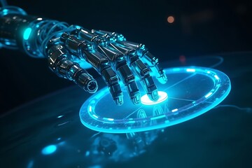 Futuristic robot hand interacting with glowing blue energy disc