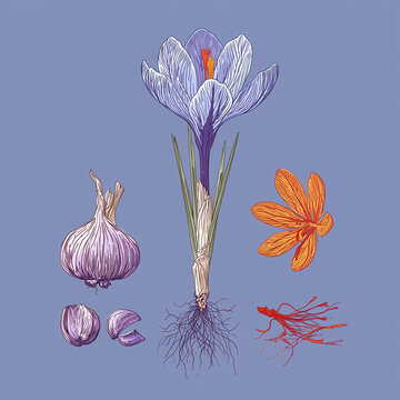 Schema del fiore di zafferano con bulbi, radici e stigmi rossi su fondo blu. Illustrazione didattica scontornabile per poster educativi, packaging spezie, ricette e progetti editoriali.