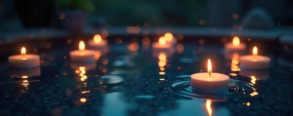 Mystical floating candles illuminate a dark pool of water, creating a serene and enchanting atmosphere Perfect for spa, meditation, and fantasy themes , atmosphere, tranquility