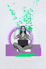 Art image vertical pop photo collage of happy businesswoman businessman stand cursor arrow...