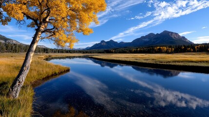 Fototapeta premium Breathtaking autumn landscape in Yellowstone, Wyoming with vibrant colors of nature reflecting in serene lakes and surrounded by majestic mountains.