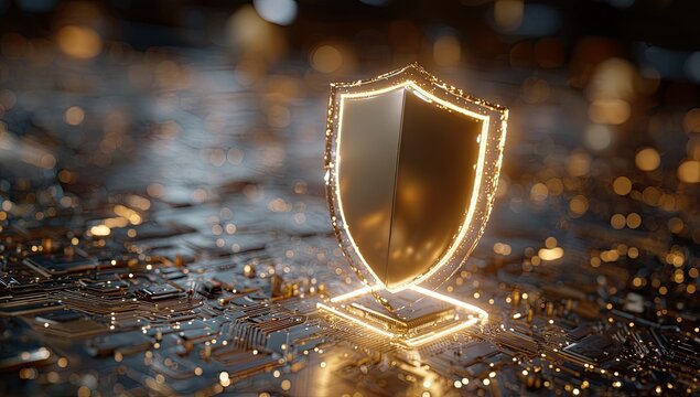 Glowing shield trophy on circuit board.  Abstract, modern,  technology.  Protection, security - Powered by Adobe