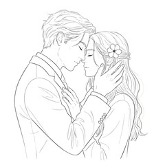 Romantic couple in a tender embrace a beautiful black and white line art illustration.