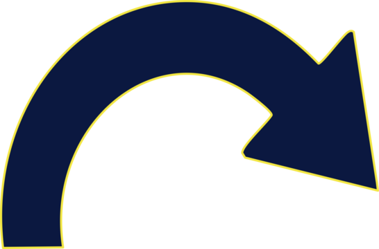 Curved Dark Blue Arrow with Yellow Outline Pointing Right - Directional Flow and Return Symbol isolated on png, transparent background