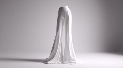 White draped fabric form, resembling a skirt, stands tall in soft light