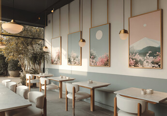 Modern and calm caf&eacute; with decor inspired by Japanese culture. Perfect for marketing restaurants, hotels, and blogs about lifestyle, decor, and wellness.