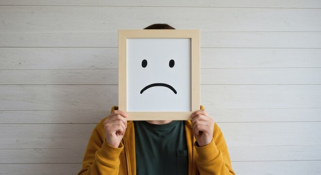 Behind the Sad Face Man Hides Emotions with Art in Minimalist Setting.