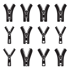 Set Zipper vector icon sign symbol. Vector black silhouette. with white background