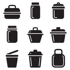 Set Food container vector icon sign symbol. Vector black silhouette. with white background