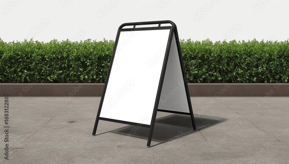 Poster blank white rectangular sheet standing at an angle on a smooth light-gray background
