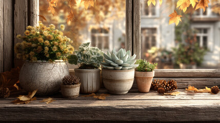 Cozy autumn scene with potted succulents and pinecones on rustic wooden windowsill, surrounded by falling leaves