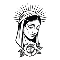 Traditional tattoo style illustration of the Virgin Mary with a radiant halo and a single rose.