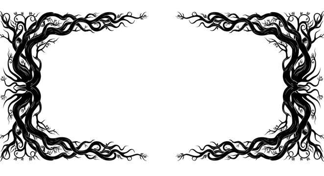 Intricate black silhouette of gnarled tree roots and branches forming a symmetrical, spooky decorative border