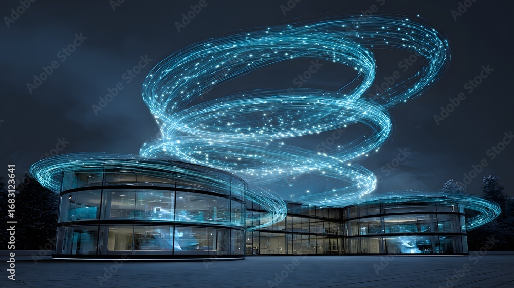Aufkleber futuristic building design with glowing data streams and modern architecture for technology advancem