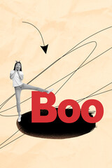 Banner 3d sketch image collage of astonished scared girl stand arrow boo letters happy halloween...