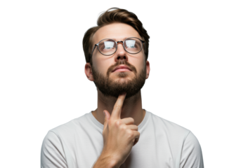 Young caucasian man, bearded, spectacles, white t-shirt, looking up thoughtfully in a bright minimalist studio. Concept of strategic thinking and problem-solving