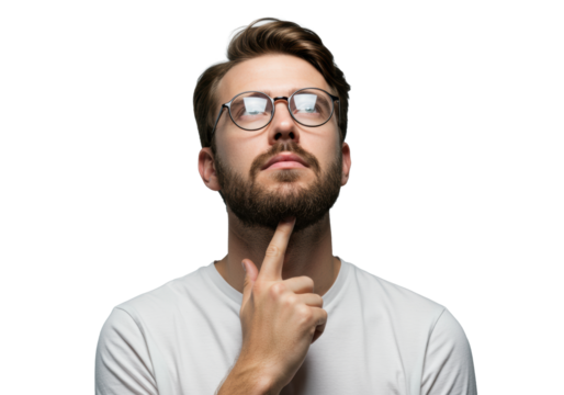 Young caucasian man, bearded, spectacles, white t-shirt, looking up thoughtfully in a bright minimalist studio. Concept of strategic thinking and problem-solving
