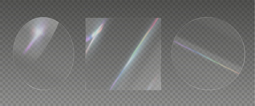 Glass effect, set of mirrors on transparent background, transparent glass showcase, mirror, window. Realistic glossy plate with glare, vector png.	
