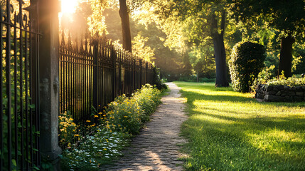 Obraz premium Path through a park with morning sunlight shining through the trees.