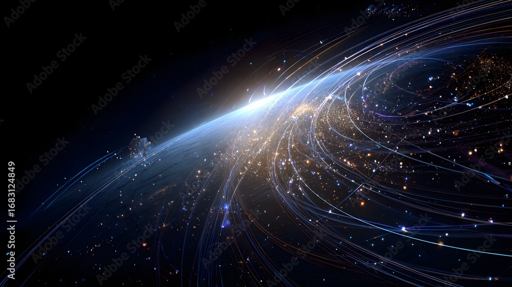 Poster abstract space background with glowing particles and light trails for graphic design projects
