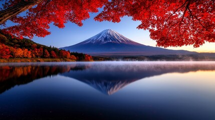 Fototapeta premium Experience the vibrant colors of autumn at Lake Kawaguchiko, with spectacular views of Mount Fuji surrounded by fog and red leaves.