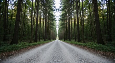 Obraz premium A straight, light-gray gravel road stretches through a dense, symmetrical forest of tall pine trees.