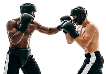 Boxers Sparring in Protective Gear – Intense Training Action on White Background
