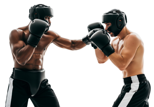 Boxers Sparring in Protective Gear – Intense Training Action on White Background