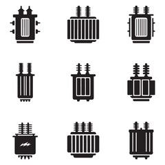 Set Electric transformer vector icon sign symbol. Vector black silhouette. with white background