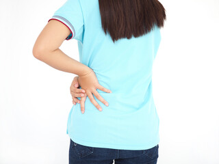Young woman used her hand to press on the waist due to back pain, medical concept.  