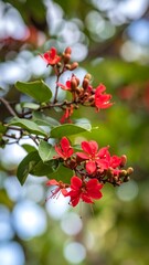 Obraz premium Vibrant red flowers on a leafy branch