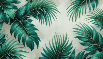 Lush green tropical palm fronds creating a natural botanical frame on a bright textured wall background