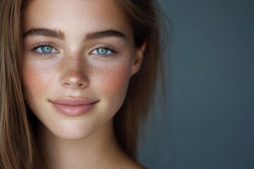 Fototapeta premium Close up portrait of young woman with blue eyes and freckles smiling softly against gray background, showing natural beauty and clear skin