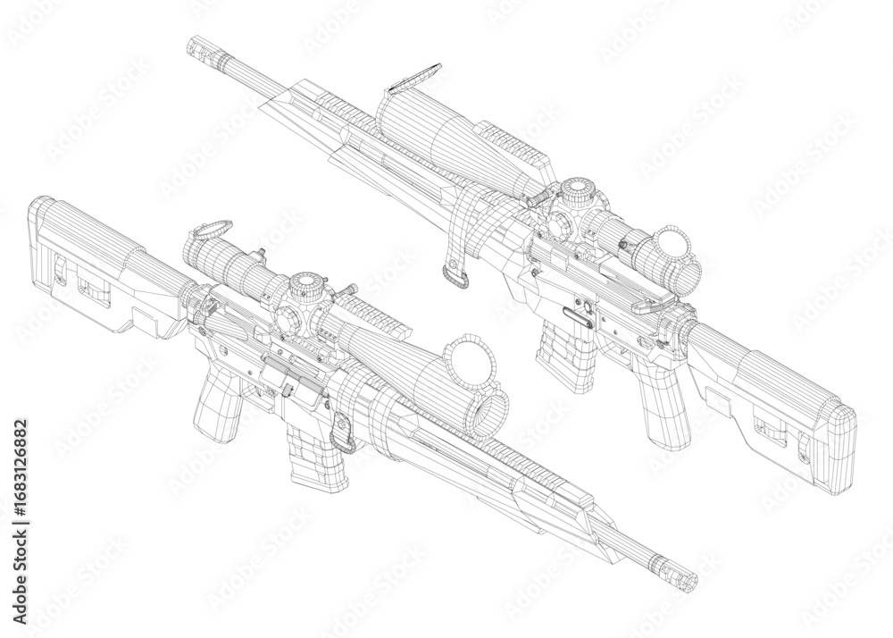 Aufkleber modern sniper rifle 3d wireframe model on white background, featuring detailed blueprint design with