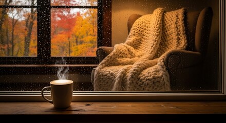Autumnal Tranquility - Warm Drink, Cozy Chair, Rainy Day View.