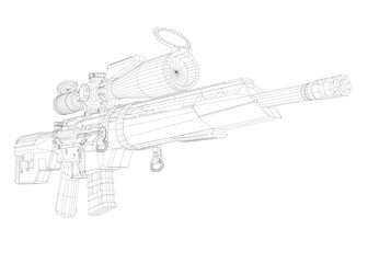 Modern sniper rifle 3D wireframe model on white background, featuring intricate lines and detailed curves for a realistic blueprint design.