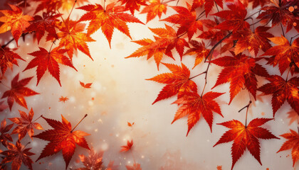Vibrant red Japanese maple leaves creating a beautiful autumn frame against a soft, luminous background with magical sparkles