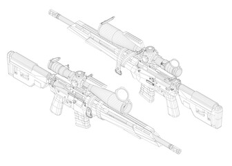 Obraz premium Modern sniper rifle 3D wireframe model on white background, featuring detailed blueprint design with intricate lines and realistic shading.