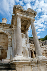 Sculpture and columns of the right portico of the Antonina Fountain in the ancient city of Sagalassos in Aglasun district of Burdur province in Turkey